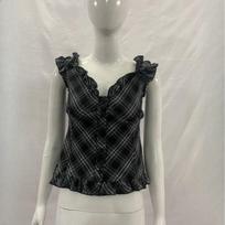 European and American retro niche plaid fungus edge bubble sleeve sexy V-neck slimming T-shirt S
