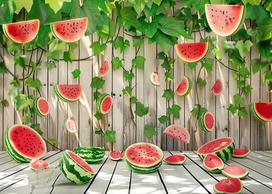 Vibrant Summer with Realistic Green Leaf Watermelon Banner Background, Children's Birthday Party Decoration Photography Backdrop Vinyl 75X50cm