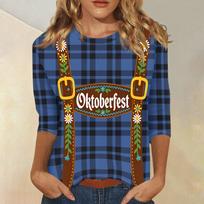 Women's Casual Three Quarter Sleeve Oktoberfest Print Round Neck Top Plaid Pattern Lightweight Comfortable Shirt for Daily Wear M