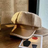 Beret Women's Autumn and Winter Pu Leather British Retro Letter Striped Octagonal Hat one size