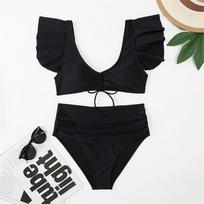 S- XL Seksualus suvarstomas raukšlėtas aukšto liemens bikinis moteriškas maudymosi kostiumėlis moterų maudymosi drabužiai dviejų dalių bikinių komplektas maudymosi kostiumėlis S juoda