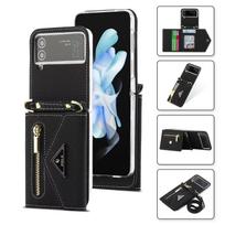 Crossbody telefono dėklas, skirtas Samsung Galaxy Z Flip 4 Flip3 Flip5 Funda Nuimamas dirželis su užtrauktuku kortelės laikiklis Piniginės stovo dangtelis Samsung Z Flip 4 juoda