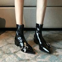 High Quality Ladies Shoes Back Zip Women's Boots Fashion Metal Decoration Office and Career Sexy Pointed Toe Ankle Boots 35 juoda