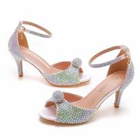 Fashion Strap Sandals Party Rhinestone PU 7CM Thin Heels Buckle  Bridal Wedding  Colored Diamond Women Pumps 36