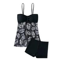 2 vnt./kompl. Tankini komplektas Reguliuojamos petnešėlės Paminkštinimas Su lankeliais Bandeau viršus Bokserio tipo kelnaitės Komplektas Tinklelio įsiuvų dizainas Paplūdimio maudymosi kostiumėlis S juoda