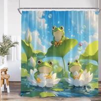 Funny Frog Shower Curtain Animal Lotus Leaf Pond Mushroom Rainforest Vintage Summer Bathroom Decor Kid Bath Curtain with Hooks 90x180cm