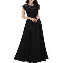 Fashion Ladies Chiffon Dress Gown Temperament Elegant Lace Long Skirt L juoda