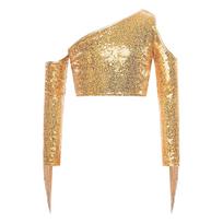 Girls Pageant Stage Performance Crop Top One Shoulder Long Sleeve Design Tassel Sequin Tops 5-6 Years
