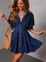 Spring Elegant Waist-Cinching Denim Short-Sleeve Dress for Women S tamsiai mėlyna spalva