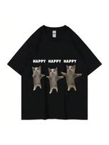 Cat Print T-Shirt For Wounisex Happy Dancing Cat Print Short Sleeve Shirt Casual Cotton Fashion Plus Size Graphic T Shirts S