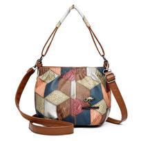 Middle-Aged Mother Bag Large Capacity Stitching Crossbody Bag Soft Leather Multi-Pocket Bag Vintage Shoulder Bag Mobile Phone Bag