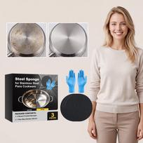 Steel Sponge for Stainless Steel Pans Cookware 3 Round Frosted Sponges with 1 Pair Kitchen Gloves Durable Easy to Clean Oil Stain Remover One Size
