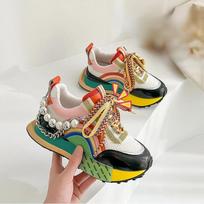 New Lace Up Iridescent Pearl Chain Decorative Platform Vulcanized Sneakers for Women Fashion Casual Walking Shoes Ladies Large Size 35