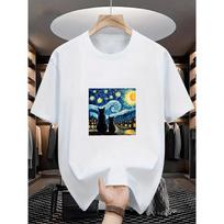 Oversized White Van Gogh Starry Night Black Cat Graphic Print Casual Short Sleeve T-Shirt Tee for Cat Lovers S