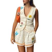 2 Pcs/Set Women Vest Shorts Set Floral Embroidery Single-breasted Sleeveless V Neck Top Side Pockets Loose Pants Set Casual Vacation Resort Wear Top XL smėlis