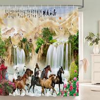 Chinese Feng Shui Waterfall Horse Landscape Shower Curtain Waterproof Polyester Fabric Bathroom Curtain With Hooks Quick Dry Was (as the picture,120x180cm)