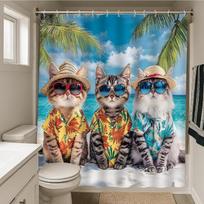 Funny Cat Shower Curtain Ocean Beach Theme Cute Fun Animal Palm Leaf Tropical Plant Summer Sunlight Nature Scenery Nautical (as the picture,W90xH180cm-35x70in)