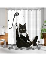 Funny Cat Shower Curtain Set Black White Cute Kitten Taking Shower Design Shower Curtain for Bathroom Kids Polyester Waterproof (as the picture,W90xH180cm-35x70in)