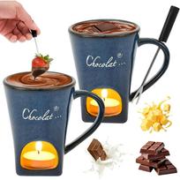 2 Pcs 5.28oz Chocolate Fondue Mug with 2 Fork,Chocolate Melt Cup Ceramic Butterwarmer Pot Set Tea Light Heated Fondue Warming Mug for Sweet Snack 2-Pack