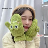 Women's Cute Frog Velvet Winter Gloves - Warm Full Finger Hanging Neck Mittens One Size