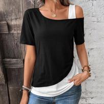 Slanted Shoulder Ladies Contrast Color Stitching Blouse Asymmetrical Slanted Collar Neckline Short-sleeved T-shirt XS