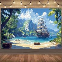 1pc 2D Flat Pirate Ship Adventure Polyester Background Fabric - Beach scenes and sailboats, suitable for party backgrounds 100x150cm