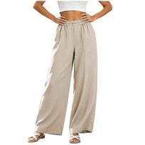 Women Casual Loose Fit High Waist Wide Leg Pants with Pockets Cotton Linen Blend Comfortable Summer Trousers Elastic Waistband XXL