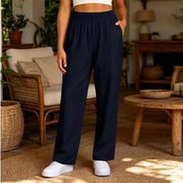 Women's Casual Solid Color Wide Leg Pants Elastic Waistband with Pockets Lightweight Comfortable Loose Fit Trousers for Everyday Wear S