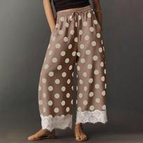 Women Polka Dot Casual Wide Leg Pants Elastic Waistband Drawstring Hem Lace Trim Palazzo Trousers M
