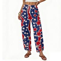 Women’s Casual Loose Straight Wide Leg Button Printed Pattern Long Pants with Drawstring Waistband for Everyday Wear S