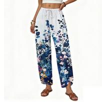 Women’s Casual Loose Fit Straight Leg Wide Leg Pants with Button and Printed Pattern Drawstring Waistband Soft Material Trousers for Daily Wear L