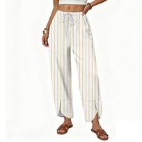 Women's Casual Loose Fit Wide Leg Drawstring Pants with Vertical Striped Print Lightweight Comfortable Trousers for Everyday Wear M