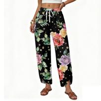 Women’s Casual Loose Straight Leg Wide Leg Pants Drawstring Waistband Printed Trousers Lightweight Relaxed Fit for Daily Wear S