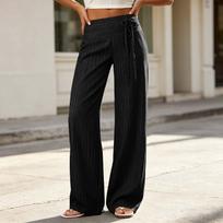 Women Wide Leg Pants High Waist Casual Trousers with Tie Waist Loose Fit Comfortable Lounge Wear Striped Pattern Elastic Waistband M