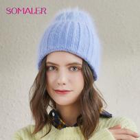SOMALER Winter Cuff Beanie Angolos triušio kailio kepurės moterims saldainių spalvos slidinėjimo kepuraitė