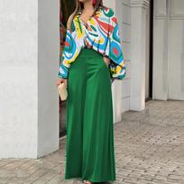 Women's Autumn And Winter Casual Set Loose Lapel Button Shirt High Waist Wide Leg Pants With Pockets Two Piece Set XXL įvairiaspalvis