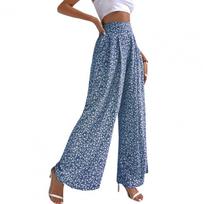 Women Casual Pants Elastic High Waist Straight Wide Leg Pants Floral Print Loose Fit Casual Trousers Daily Wear S