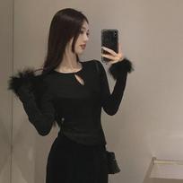 Women's Autumn/Winter Slim Velvet Stitching Long-Sleeve Hollow T-Shirt XL (57.5-65 kg)