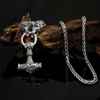 Skandinaviškas vikingų plaktuko pakabukas su vilko galva ir meškos letenos runų karoliai - vyriški pankroko amuletų papuošalai