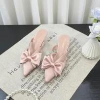 Fairy Style Pink Cool Slippers for Women's Summer  French Pointed Bow Hollow High Heels, Half Wrapped Women's Slippers 35