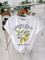 Moterų Limoncello citrinų likerio grafinio spaudinio marškinėliai trumpomis rankovėmis, apvalia iškirpte, laisvalaikio viršus su citrinų ir gėlių dizainu, šviesiai smėlio spalvos S