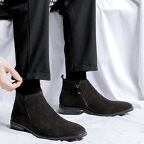 Korean style mens casual chelsea boots black brown cow suede leather shoes cowboy ankle boot spring autumn short botas zapatos 240