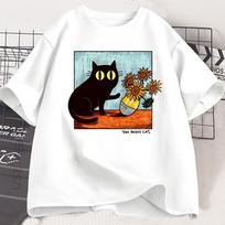 Van Gogh Cat Graphic T Shirts Men Women Flower Black Cat Tshirt Round Neck Cotton Short Sleeve Trendy Tee Shirt Streetwear S