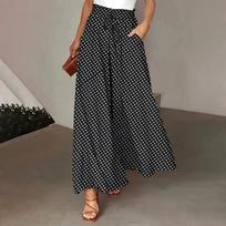 Women's Fashionable Bohemian Wide-leg Trousers With Elastic Waist And Polka Dot Print Long Skirt Pants L