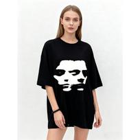 Oversized T Shirt Black Abstract Face Print Graphic Tee Casual Streetwear Fashion Top Women Summer Outfit M
