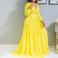Large Size Women's Clothing, Deep Cross Grab Pleated Front and Bottom Skirt Solid Color Pleated Pendulum Dress S