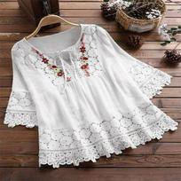 Summer Cotton and Linen Stitching Lace Temperament V-neck Loose Women's Blouse XS