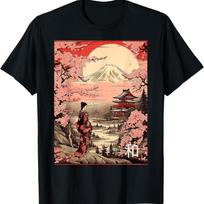 Garden Mount Fuji Cherry Blossoms Geisha Japan T-Shirt(3) S juoda