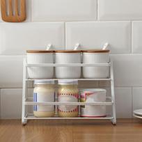 T02C!2 Tier Countertop Spice Rack Step Shelf For Kitchen Pantry Bathroom Cabinet Organizer, Metal, White