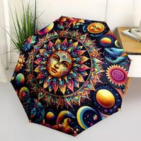 Colorful Mandala Art: Vibrant Circular Design with Sun,Moon,Stars,and AnimalsUmbrella with Cute Design,Portable 3-Fold Compact Umbrella for